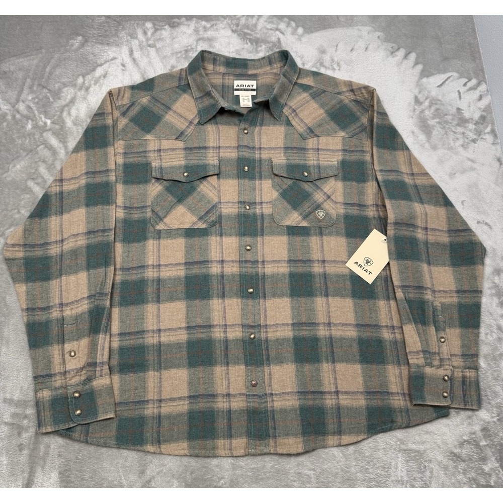 Ariat Pearl Snap Shirt Mens 3XL XXXL Huxlee Retro Long Sleeve Flannel Green NWT